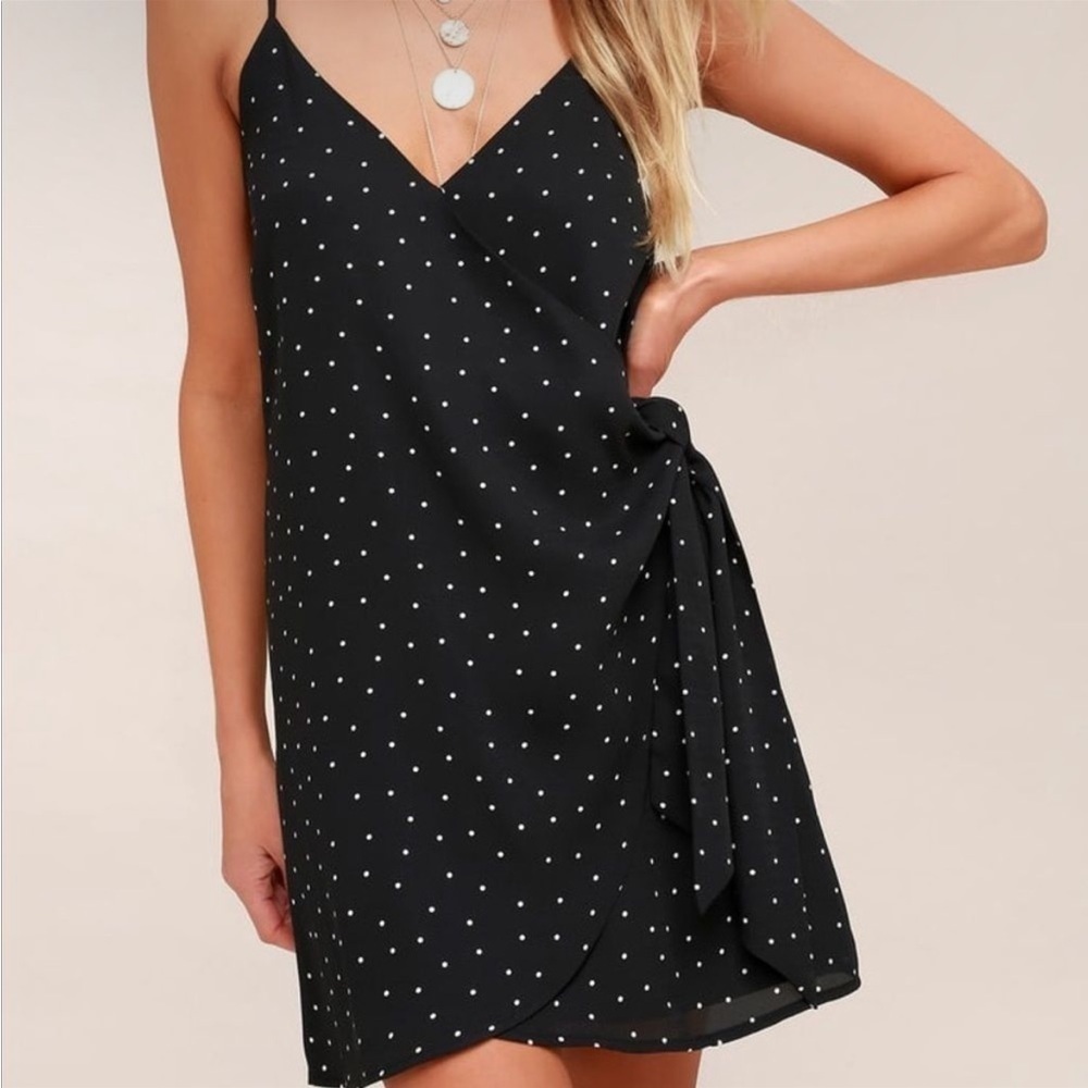 Lulus Dots Going On Black Polka Dot Wrap Mini Dress Size Small - Picture 2 of 15